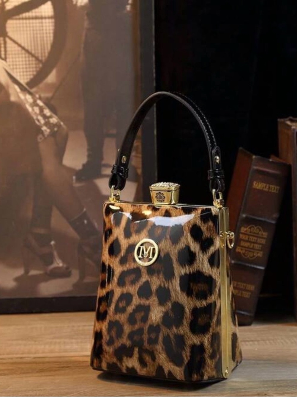Leopard Print Box Handbag with Top Handle